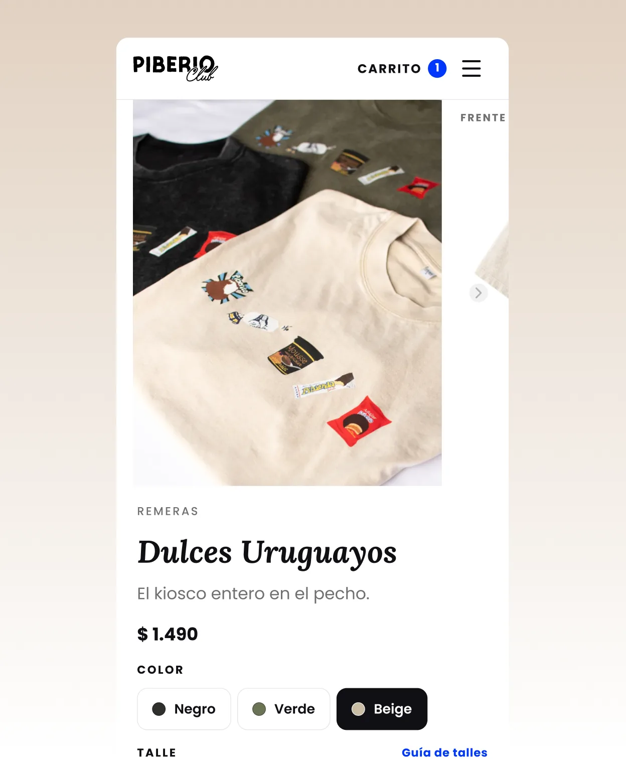 A product page on a phone: photography, name, price, colour and size