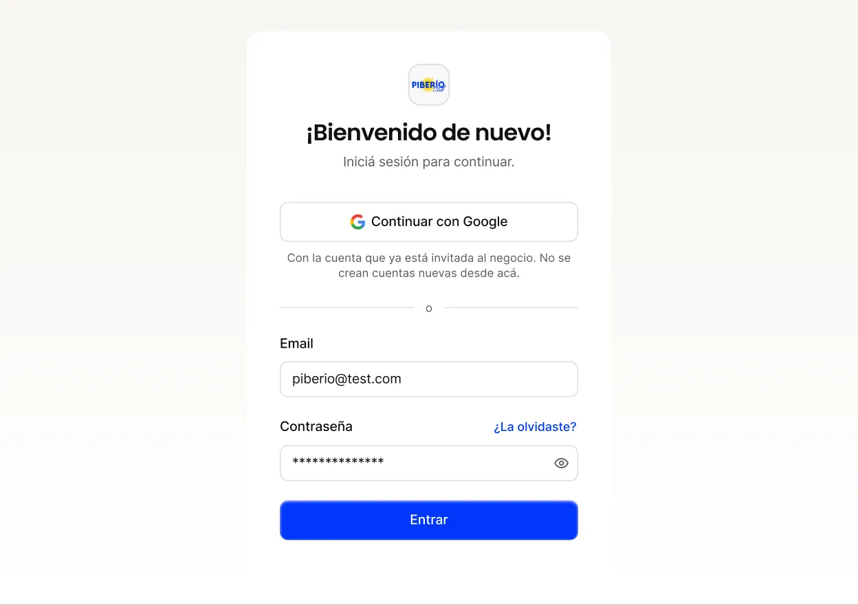 Signing in to the Piberio backoffice, by invitation to the business rather than by public signup