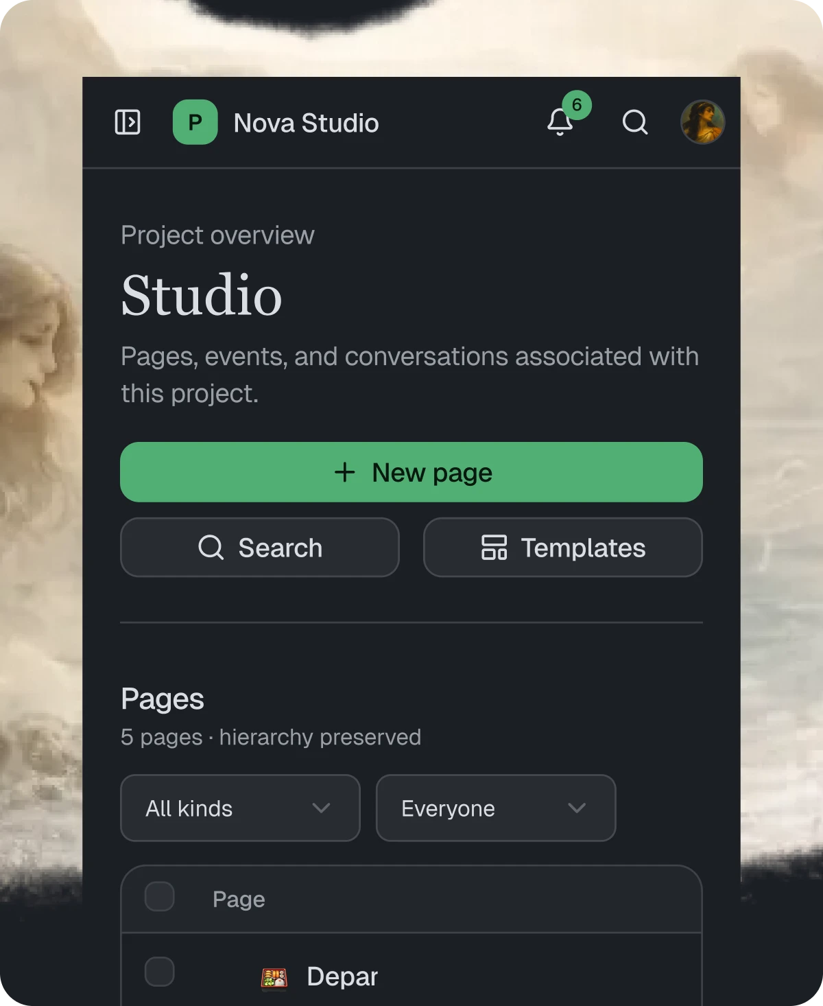 A project overview: pages, events and conversations in one screen