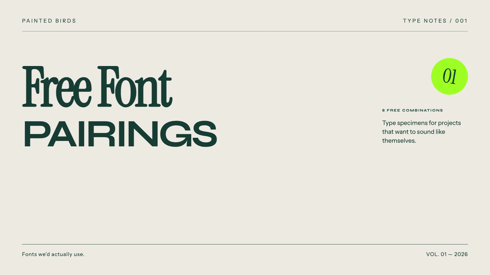 Free Font Pairings Vol. 01 lettering on a pale background with a green edition marker