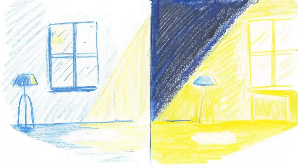 Pencil illustration of two windows separated by a dark diagonal shadow