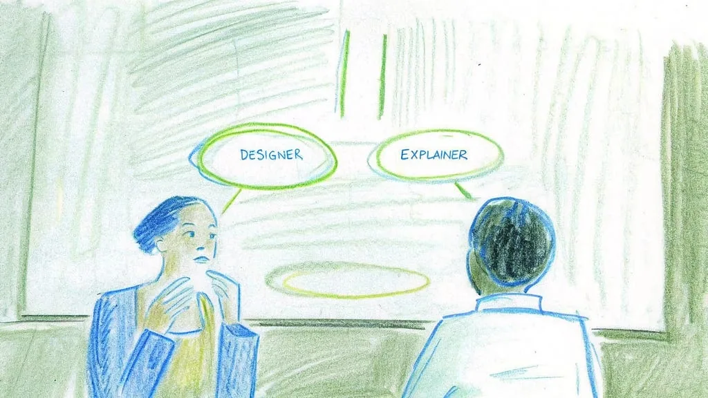 Two people discussing a process in a green pencil illustration