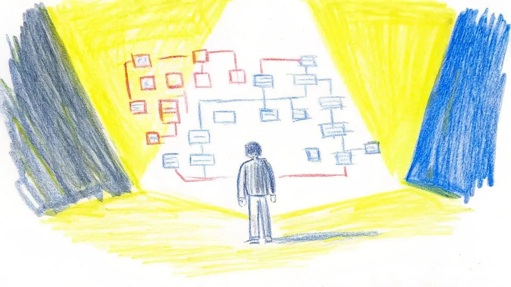 A person facing a large diagram of connected screens