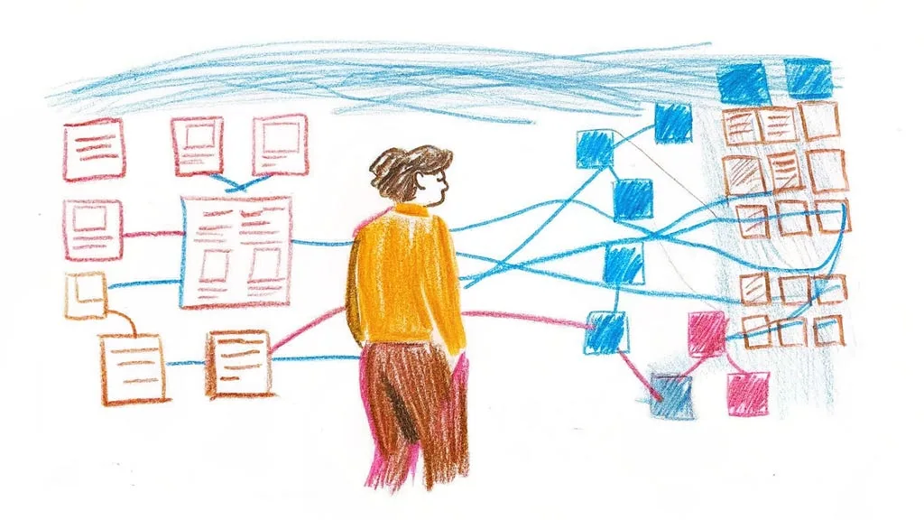 A person between interface wireframes and a network of colored connections
