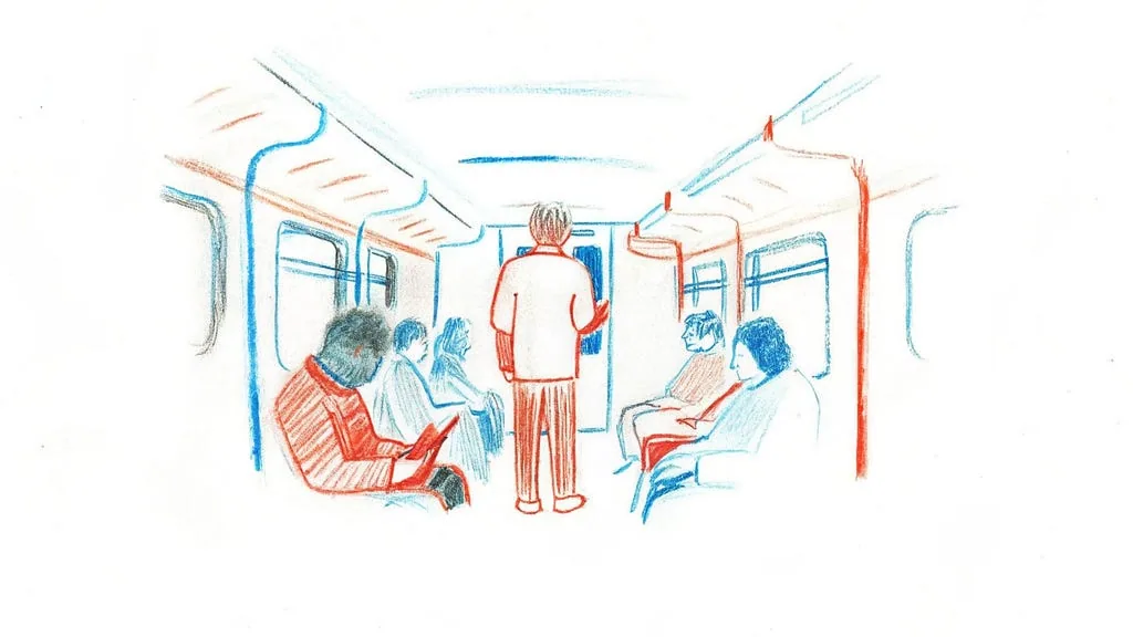 People sharing a train carriage in a pencil illustration
