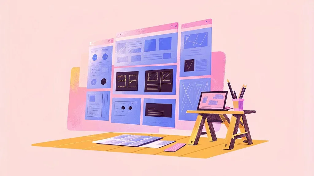 A miniature design workspace with interface panels and an easel
