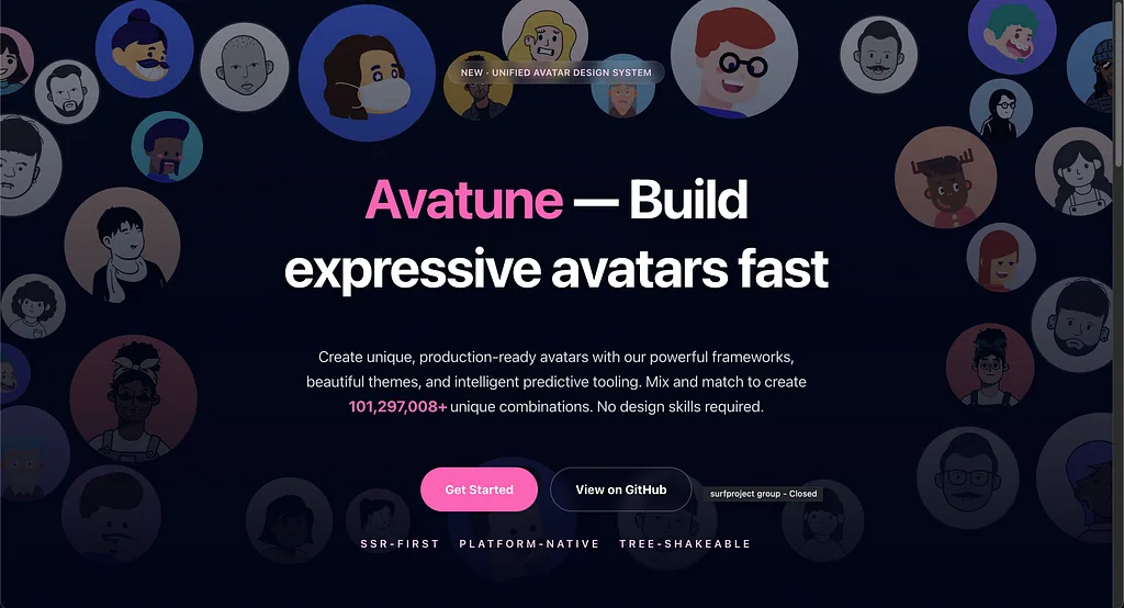 Avatune homepage with a collection of illustrated avatars