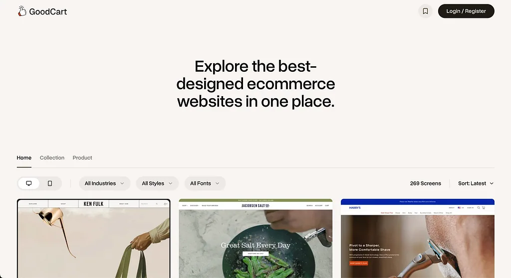 GoodCart homepage showing ecommerce design references