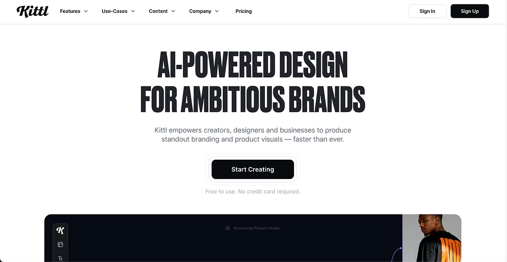 Kittl homepage presenting AI-powered brand design