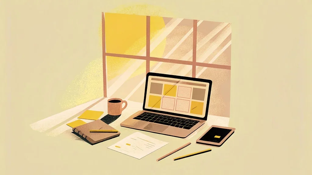 A laptop and notebook on a sunlit desk beside a window