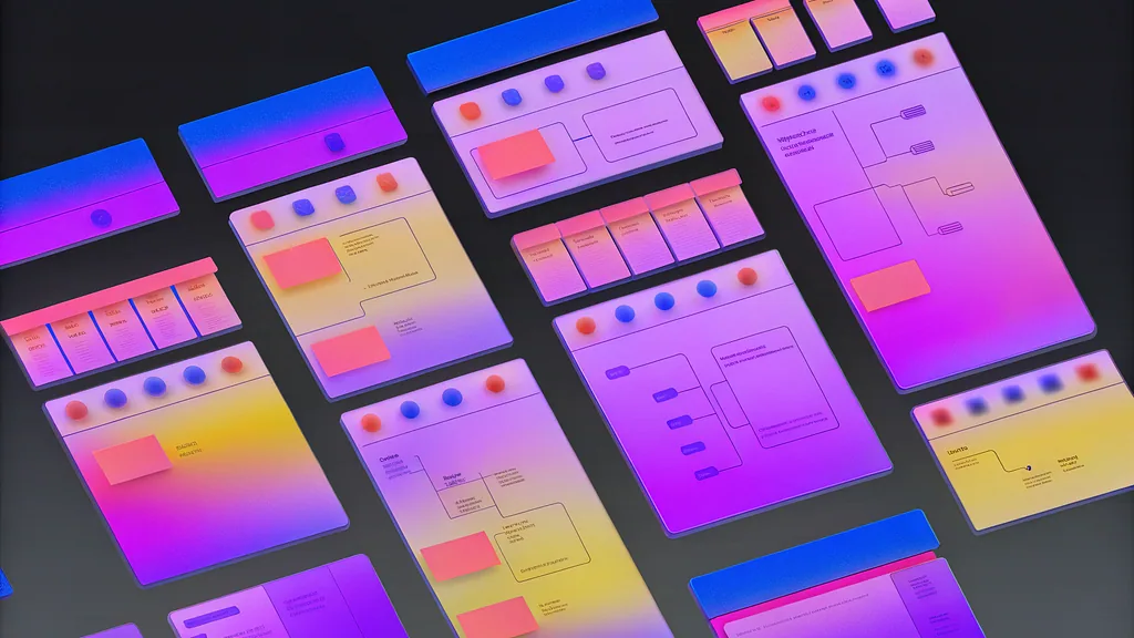 Purple and blue interface screens arranged in a grid