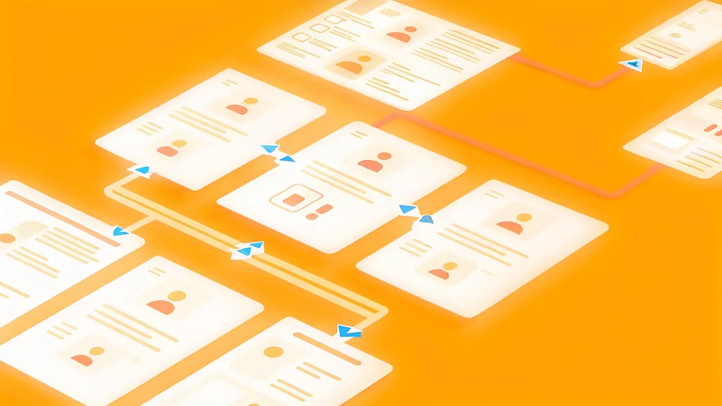 White interface wireframes connected on an orange background