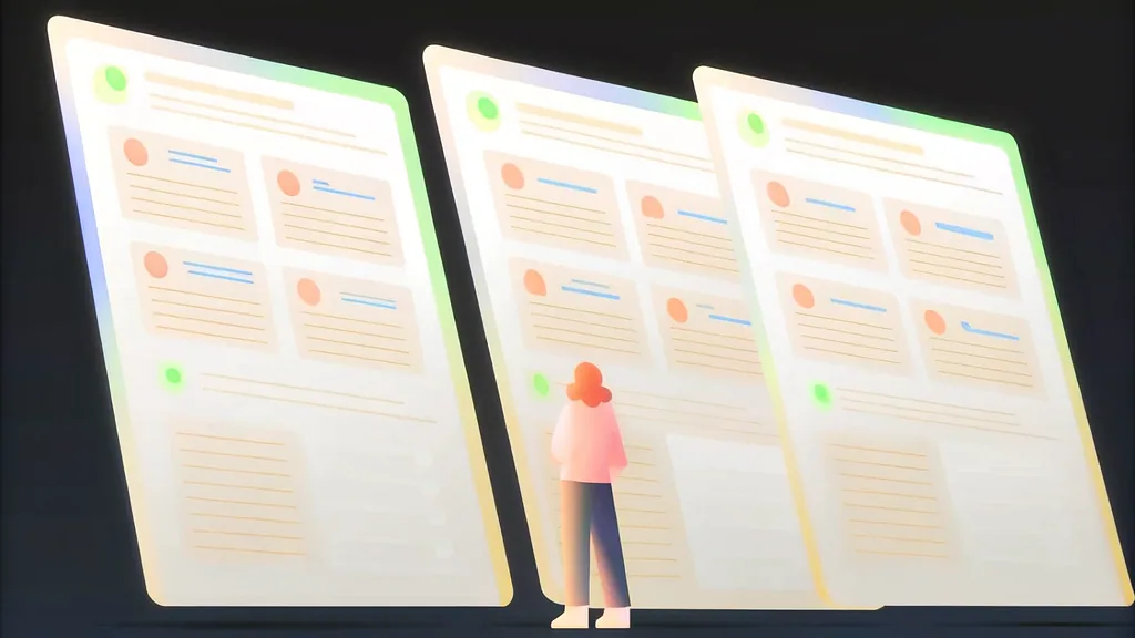 A figure standing between large interface panels