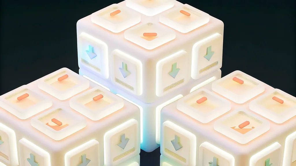 Three illuminated cubes with interface elements on their faces