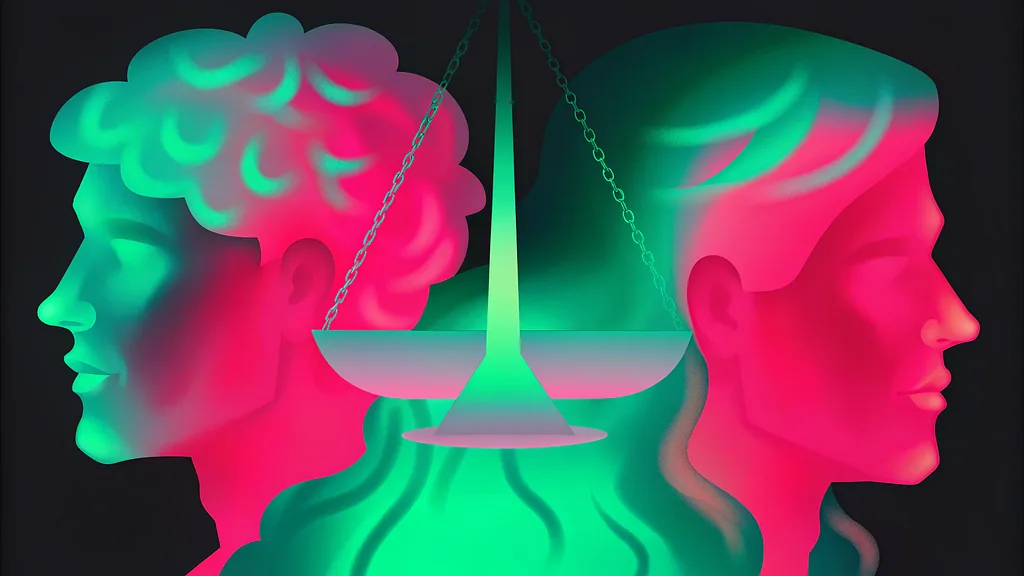 Classical sculpted heads lit in green and pink around a screen