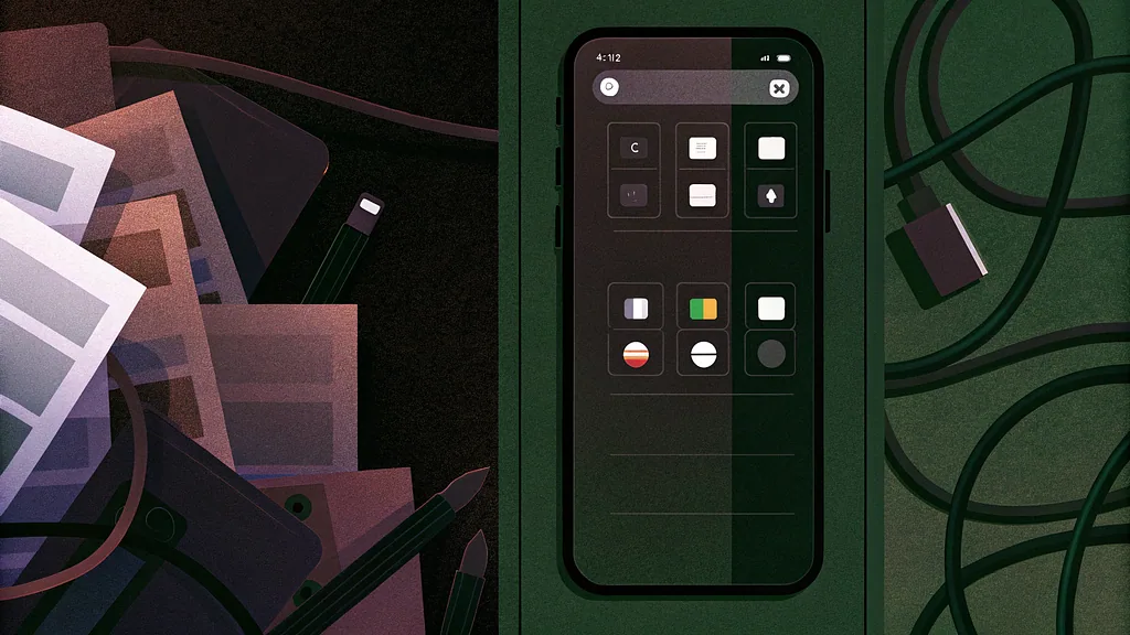 A smartphone surrounded by papers and cables on a dark green desk