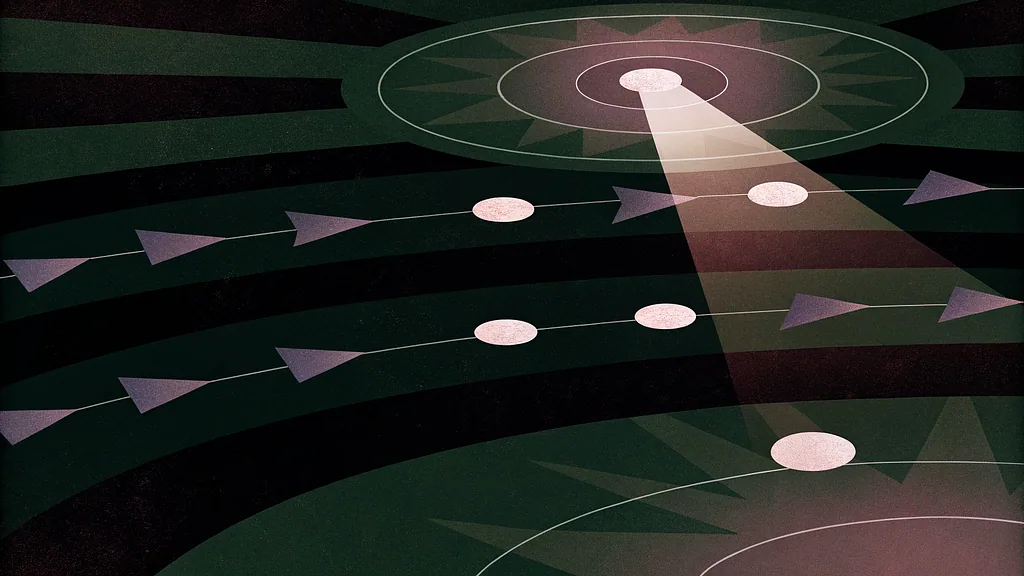 A winding illuminated path across a dark geometric landscape
