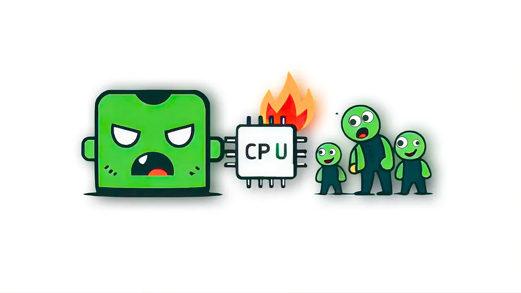 An angry green computer, a burning CPU and small green zombie figures
