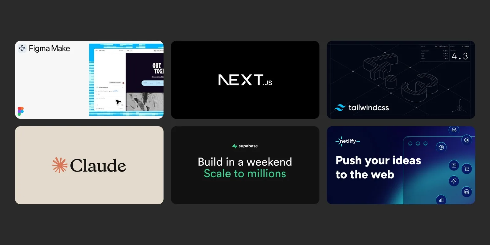 Grid of Figma Make, Next.js, Tailwind CSS, Claude, Supabase and Netlify banners