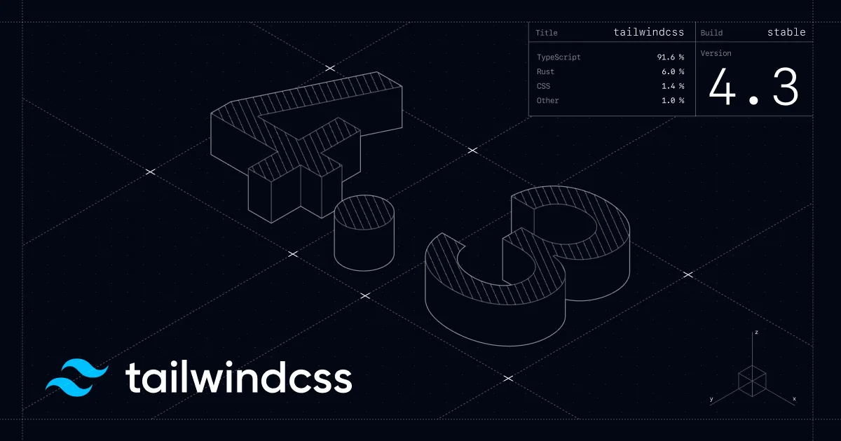Tailwind CSS artwork with an isometric version number on a dark grid