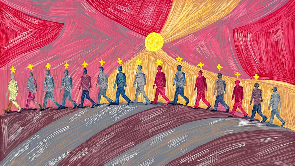 Figuras de colores que caminan juntas bajo un sol brillante