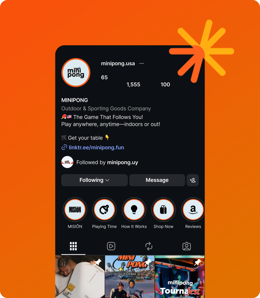 MiniPong Instagram profile with highlights and brand content