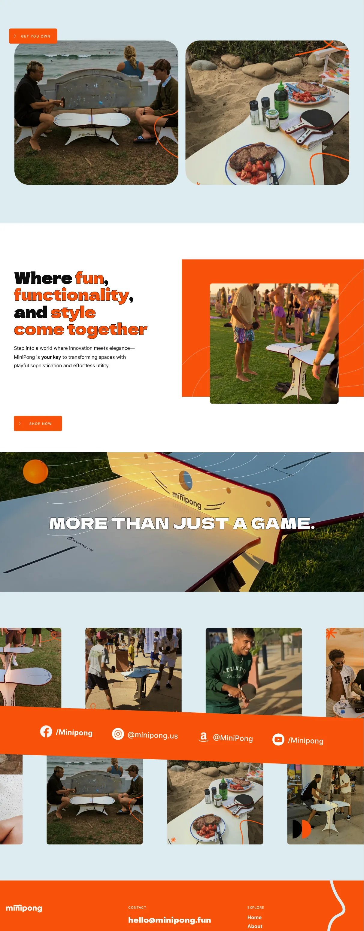 MiniPong landing page social and footer sections