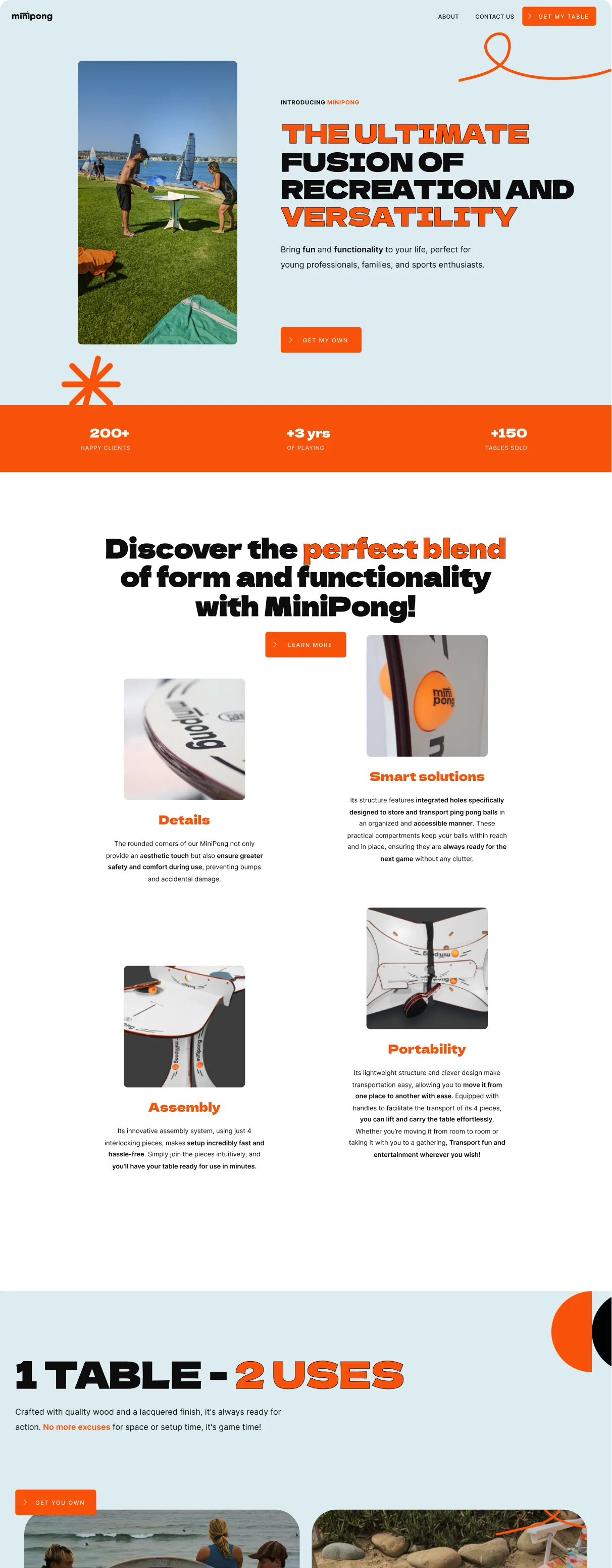 MiniPong landing page top sections