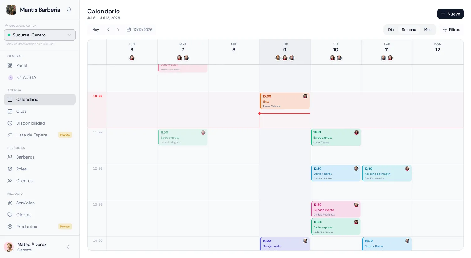 NIVIAN backoffice: calendario semanal con turnos por barbero
