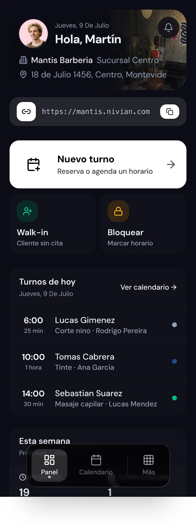 NIVIAN: panel del backoffice en el teléfono, con el resumen del día