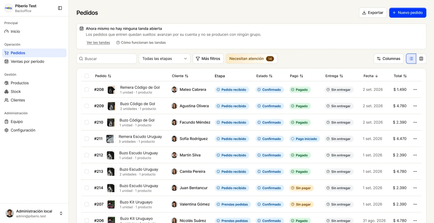 The orders table: stage, order state, payment and delivery held as separate columns on every row