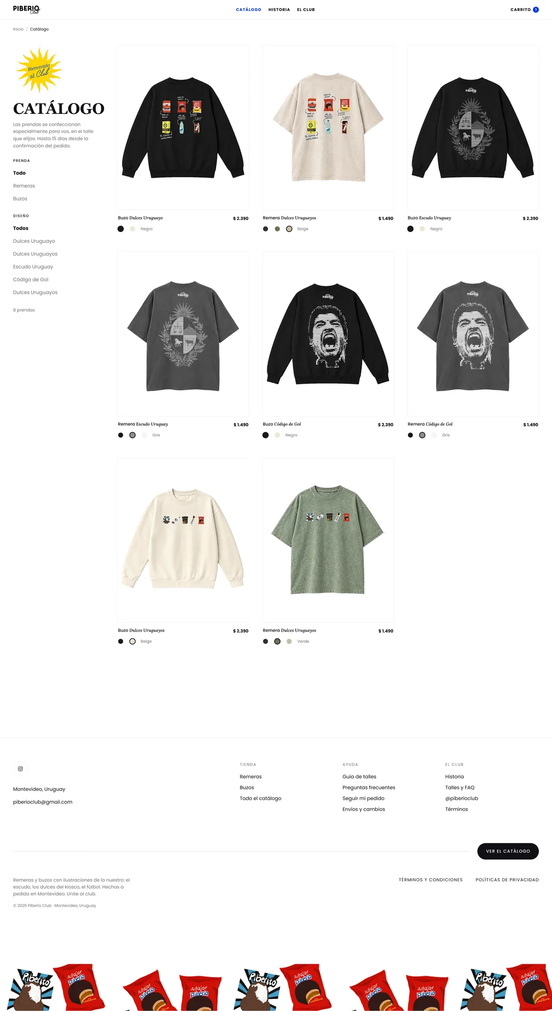 Catalog, full length: filters for garment and design beside a grid of shirts and hoodies with prices and colour options.