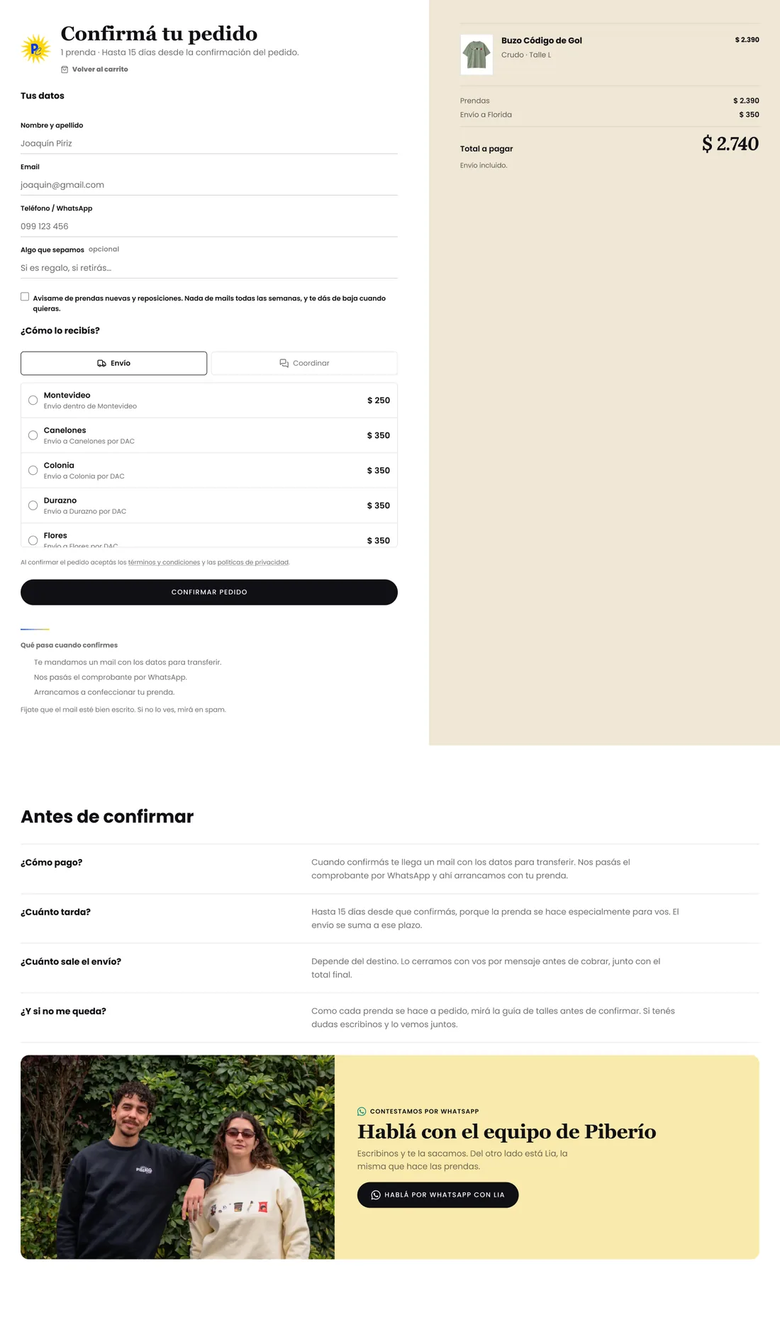 Order confirmation, full length: contact form, delivery options by department, order summary with total, and pre-purchase questions.