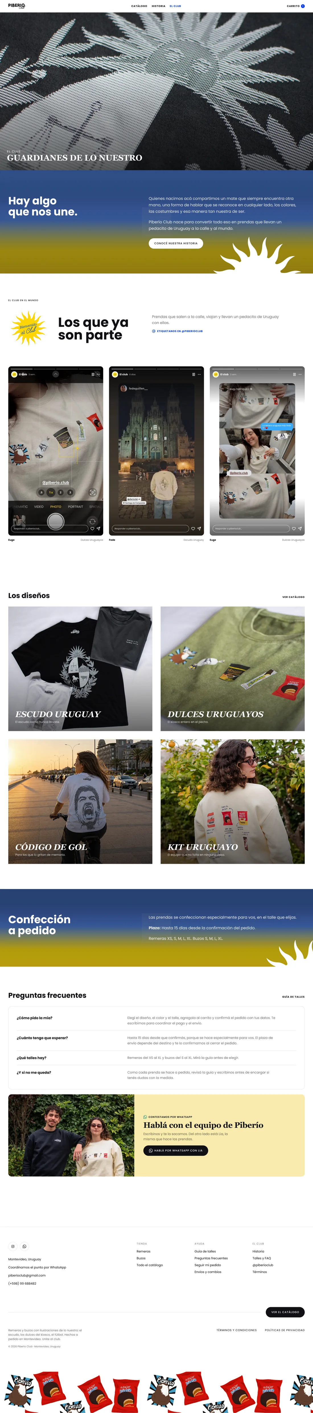 The club, full length: the embroidered crest hero, the manifesto band, customer posts from Instagram, the four designs, the made-to-order terms and the WhatsApp band.