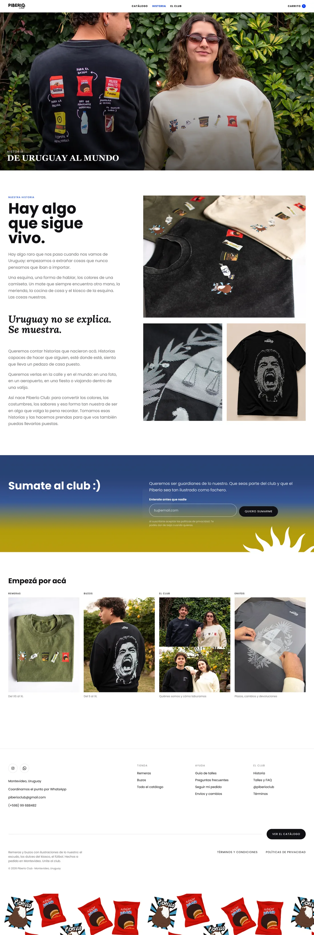 History, full length: the editorial hero, the brand story in two columns beside garment detail photography, the club signup band and the entry row into the rest of the site.