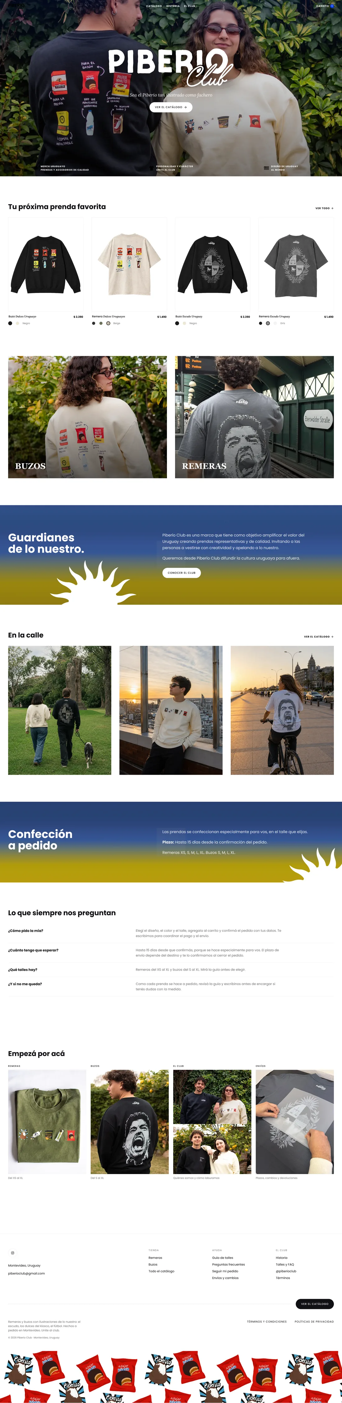 Home, full length: the hero in Piberio garments, the featured row, the hoodies and shirts split, the club band, street photography, the made-to-order terms, the FAQ and the footer ticker.