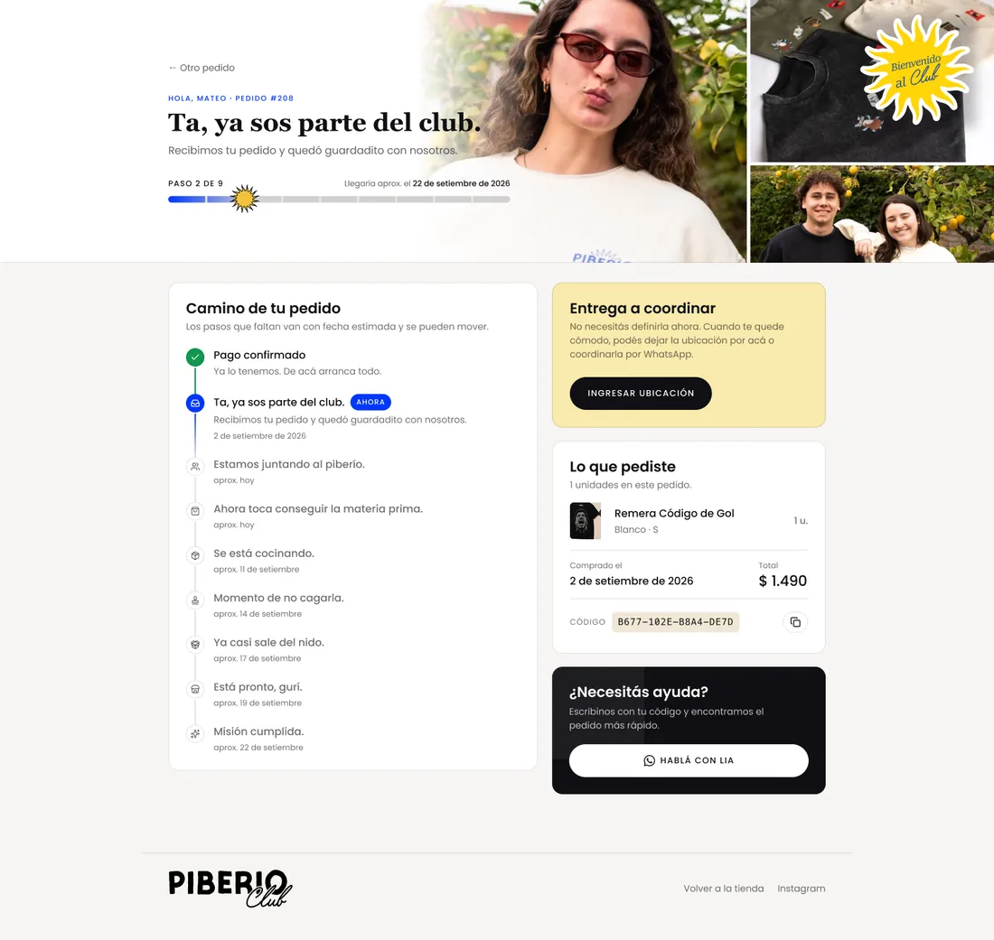 Tracking: the buyer greeted by name at step two of nine, the nine stages of the garment with estimated dates, the delivery still to coordinate, the order with its code, and a way to reach the team. Opened by code, with no account.