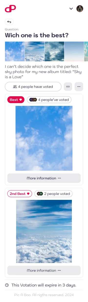 Votation results: best and second best photos with voter avatars