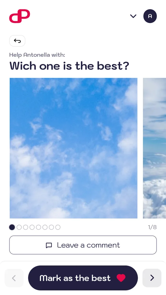 Voting screen: swipe photos, leave a comment, mark as the best
