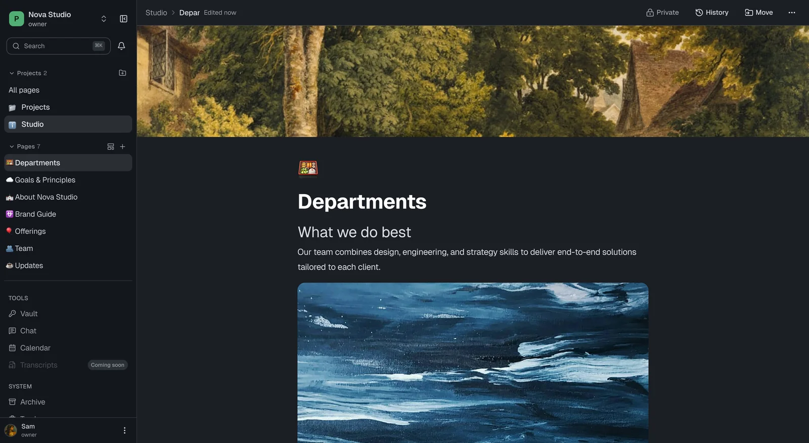 Tropos: página con cover y sidebar de proyecto