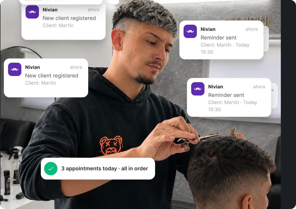 A barber mid-cut, with the notifications the platform sends on his behalf floating over the shot