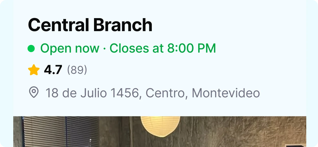 The public branch card: open now, the rating, and the address
