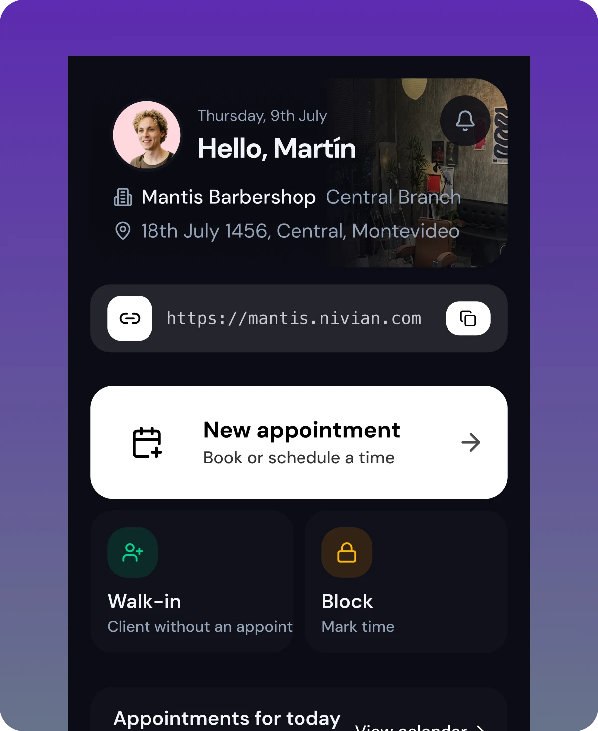 The owner's home screen on the phone: the shop's public link, a new appointment, walk-in and block